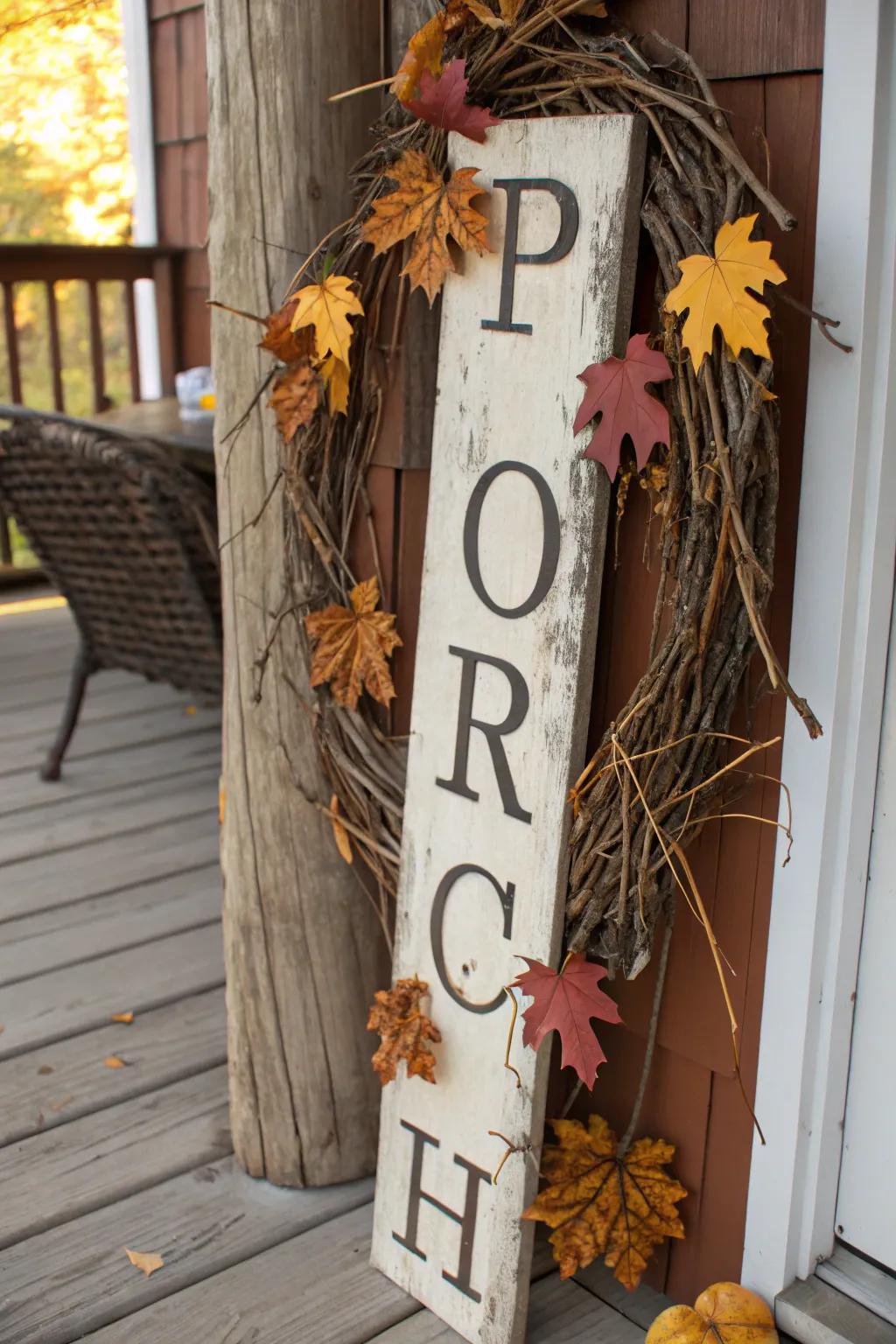 Bring nature to your porch with a marker adorned with twigs and foliage.