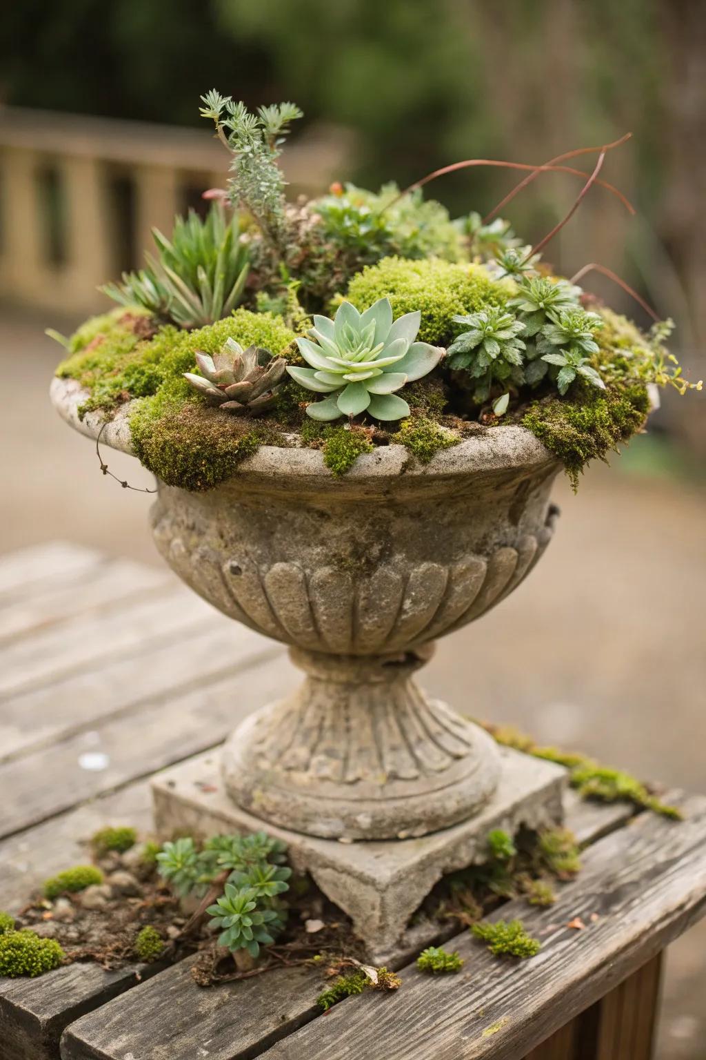 Quirky mix of succulents and moss in a fall urn.