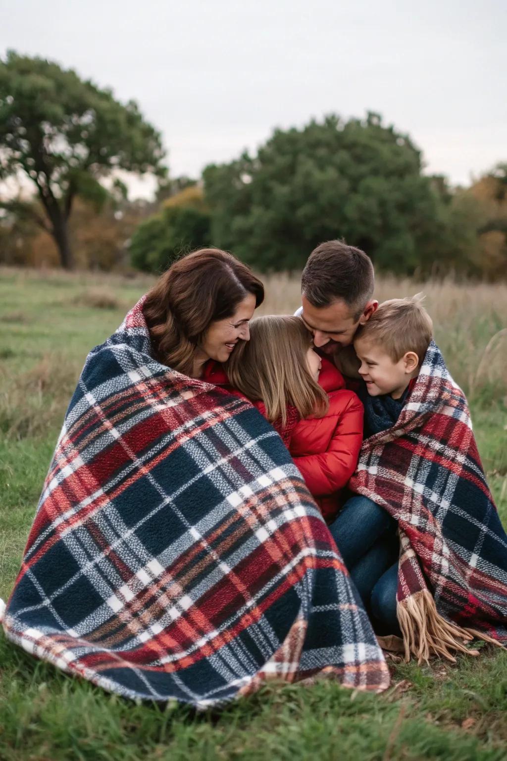 A snug comforter begets warmth and unity within your family photograph.