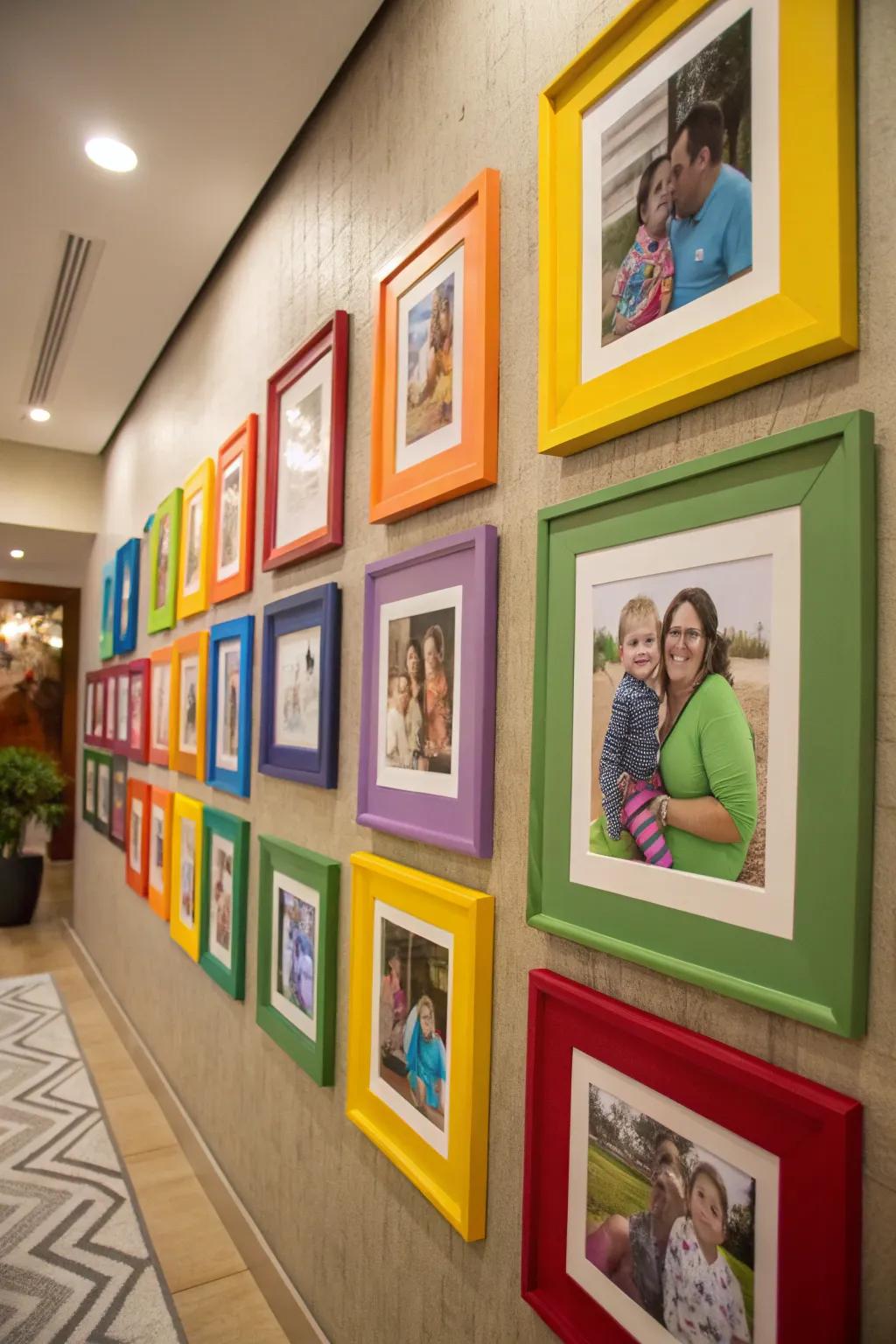 Vibrant mats framing family photos for a lively and engaging wall display.