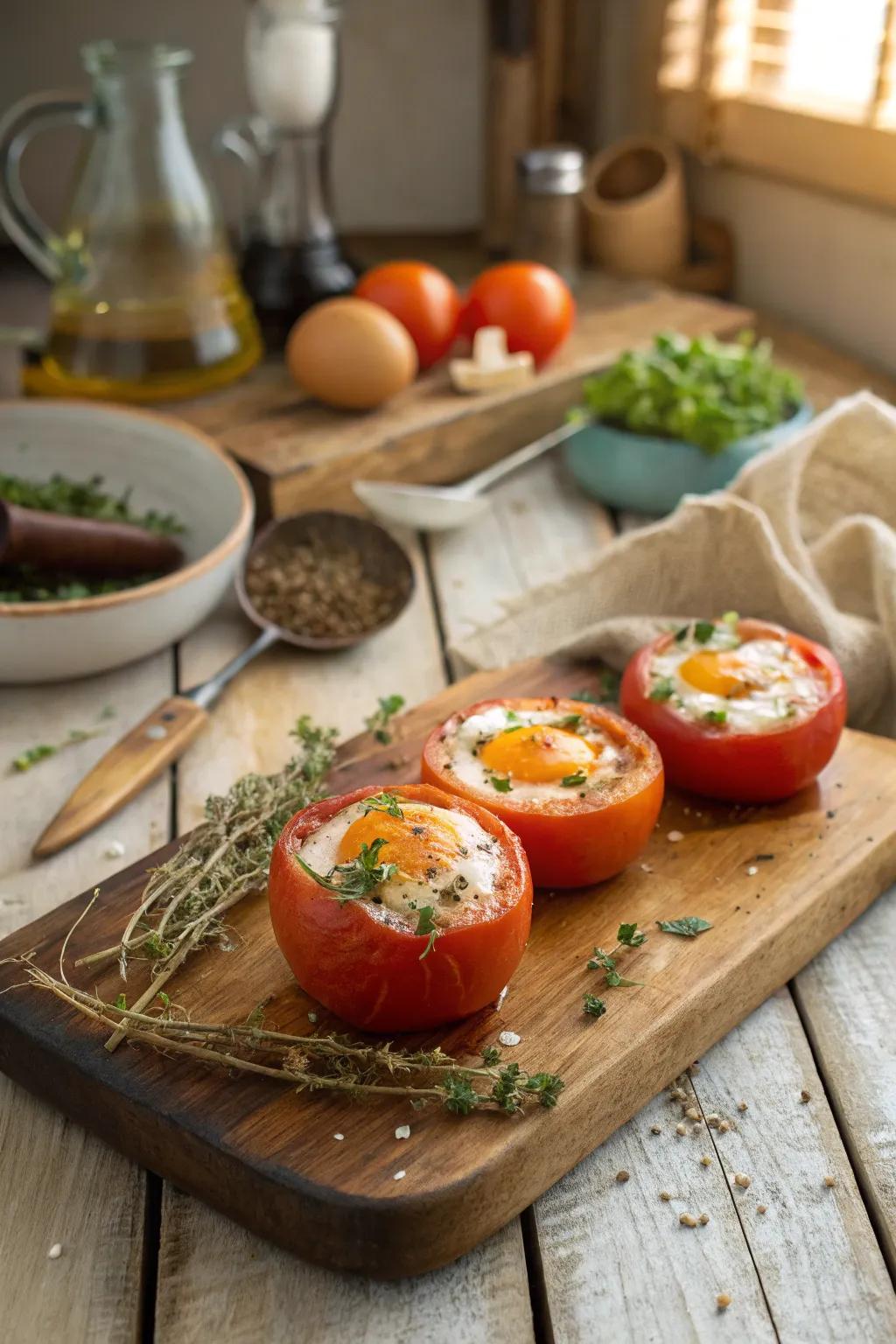 Eggs in tomato cups offer a fresh and juicy twist.