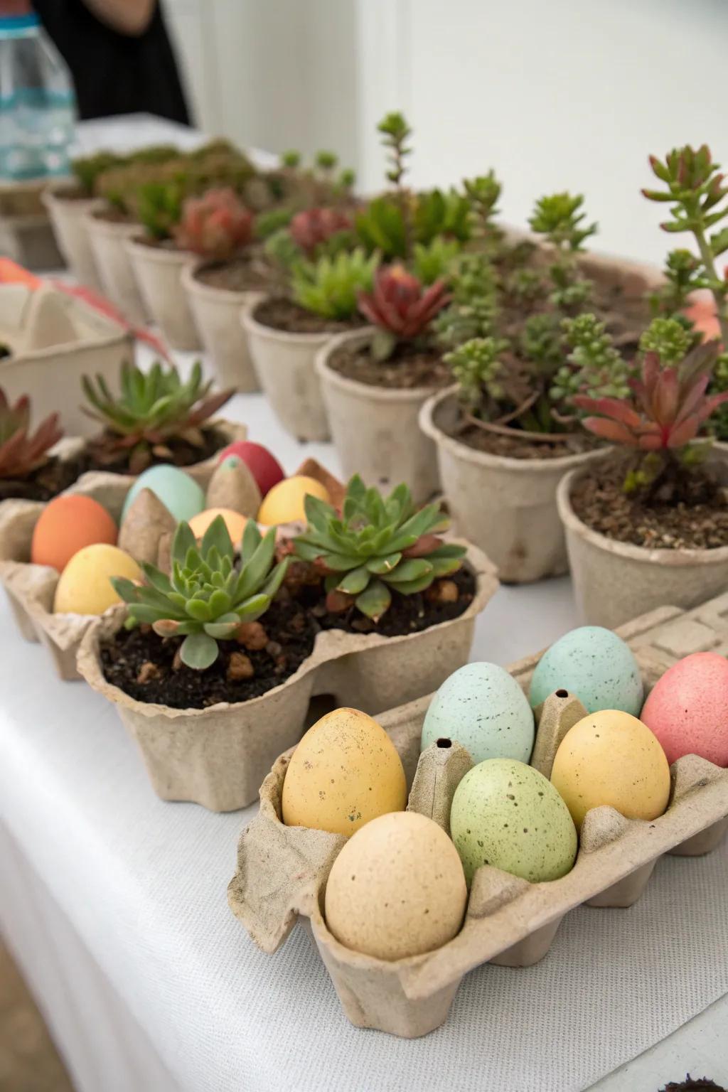 Egg crates repurposed with succulents infuse a quirky farm element.