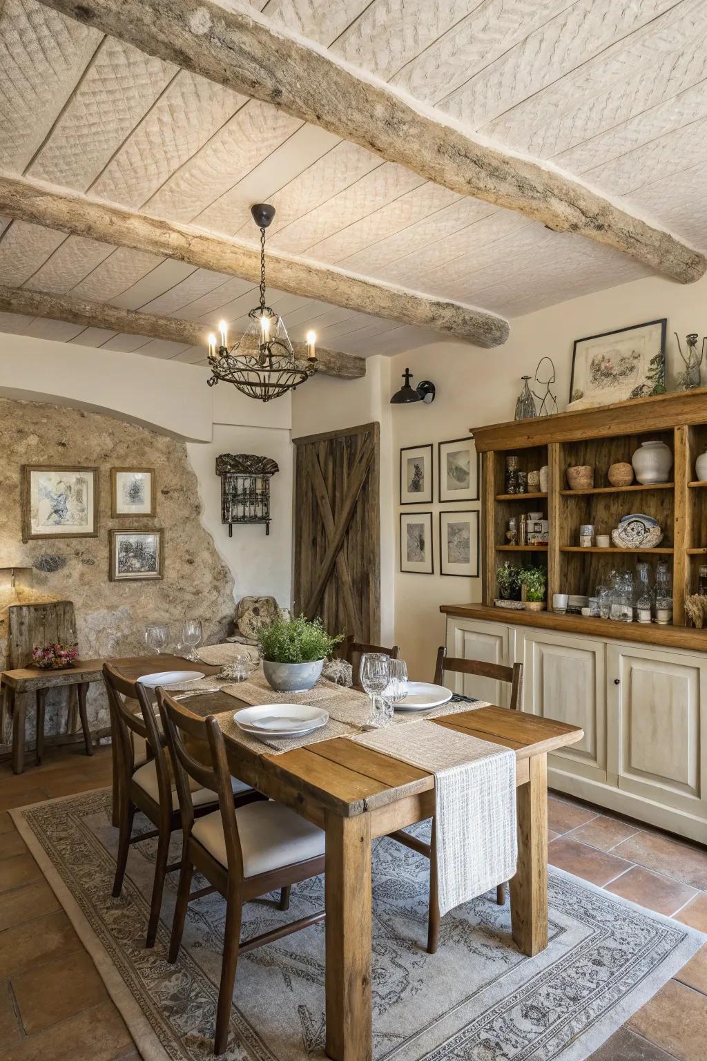 Embossed ceilings introduce depth and intrigue to this farmhouse dining room.