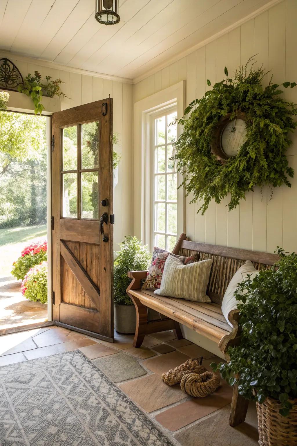 Foliage and a garland add a revitalizing element to the entryway.