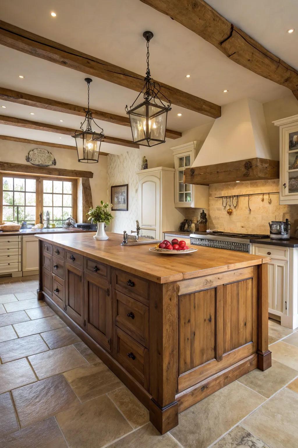 A farmhouse kitchen featuring a spacious lumber culinary island.