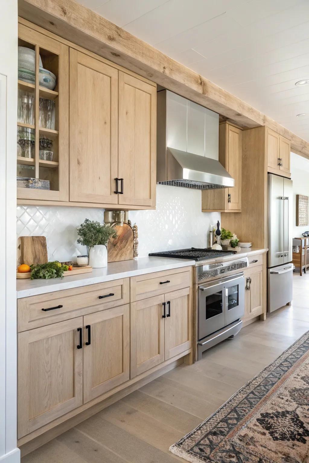 Modern appliances provide a sleek contrast to light wood cabinets in a farmhouse kitchen.