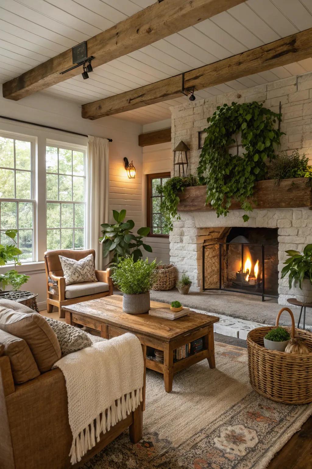 Natural greenery brings vibrancy and life to this country house family room.