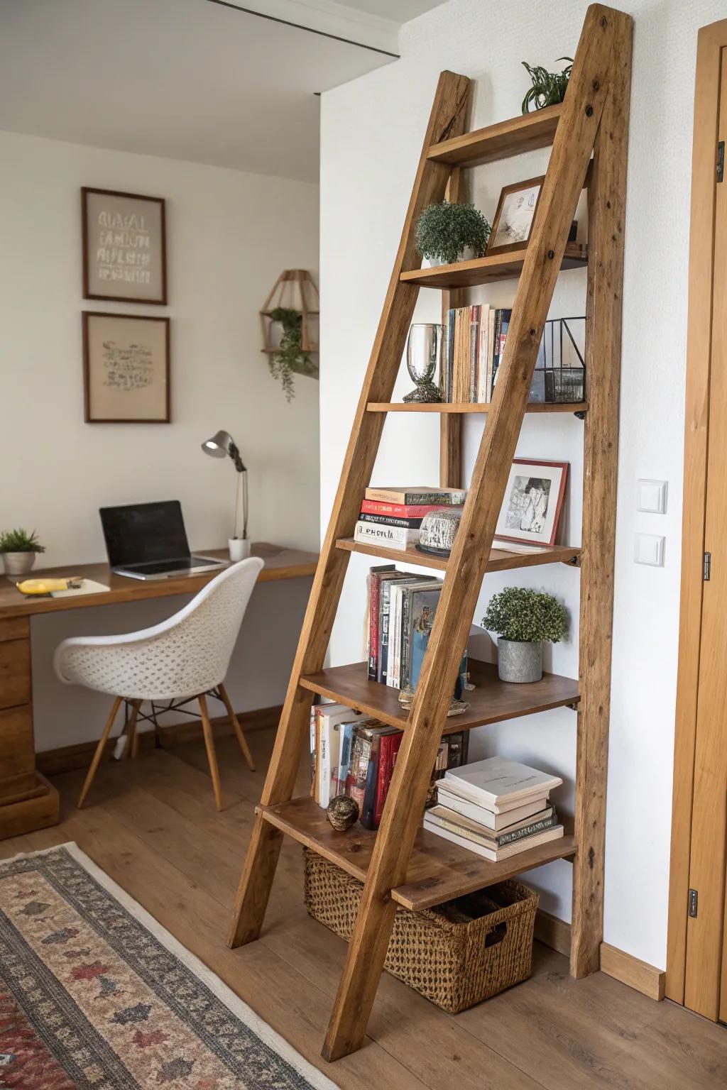 A creative bookcase made from a wooden ladder