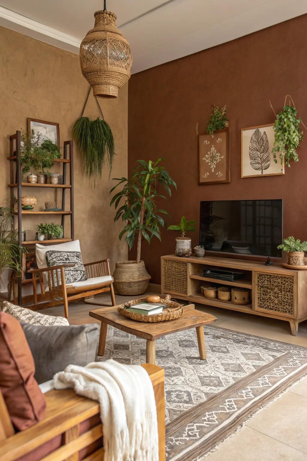 Natural brown walls deliver a cozy, inviting backdrop.