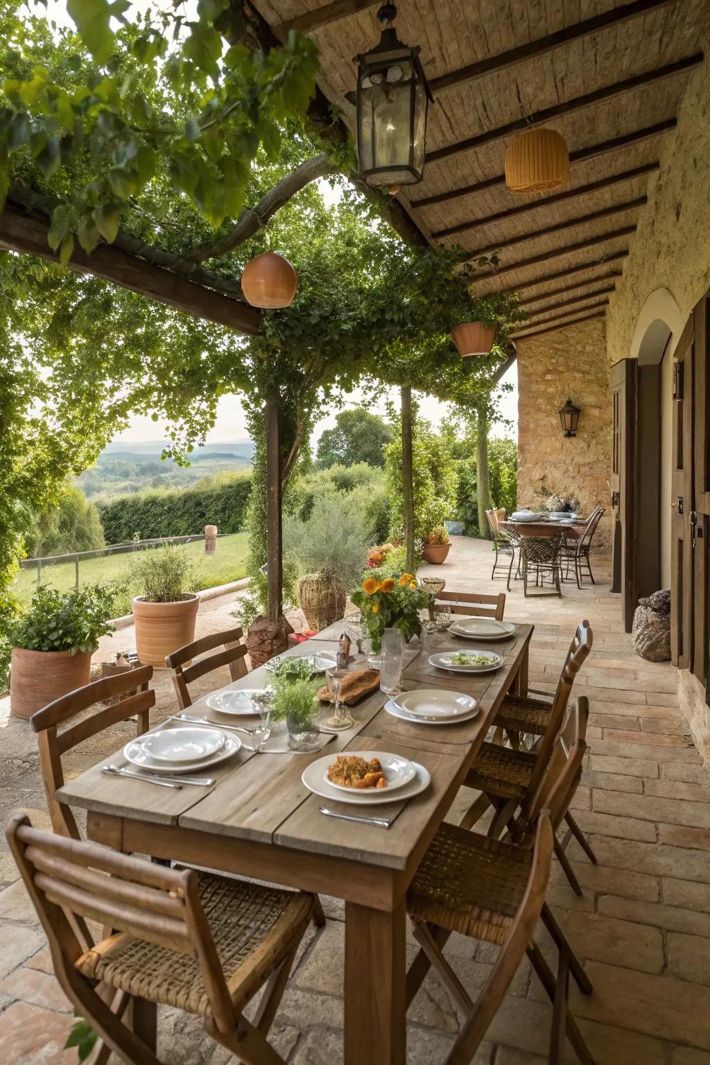 An outdoor dining area ready for a farmhouse-style gathering.