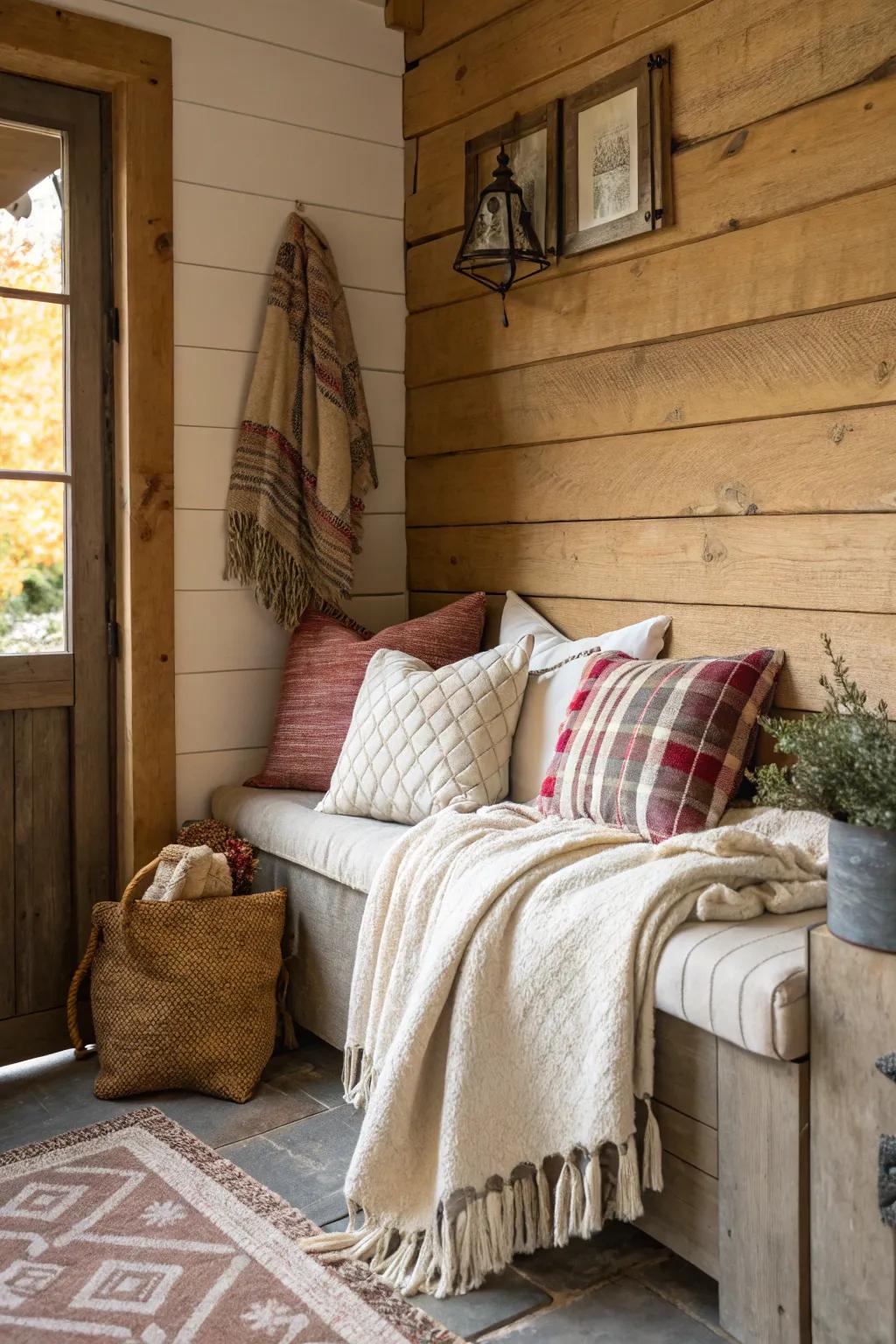 Comforting details with gentle blankets and cushions.