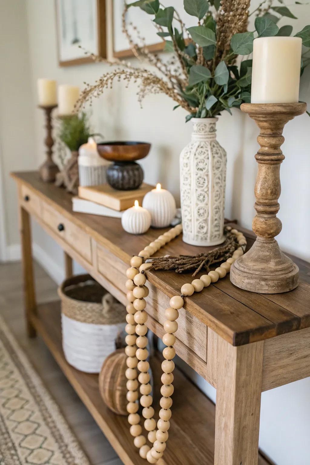 Console table enhanced with wood bead garland.