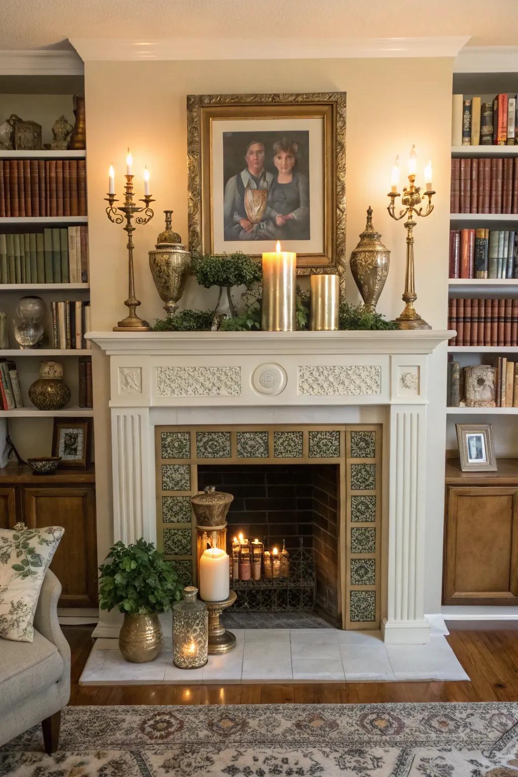 An imitation fireplace enhanced with a unique classic fireplace.