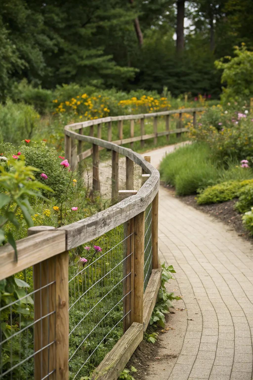 Curved timber and wire boundary harmonizing with nature.