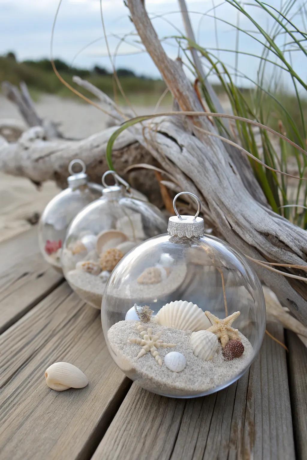 Beach-themed ornaments featuring beach grains and mollusks.
