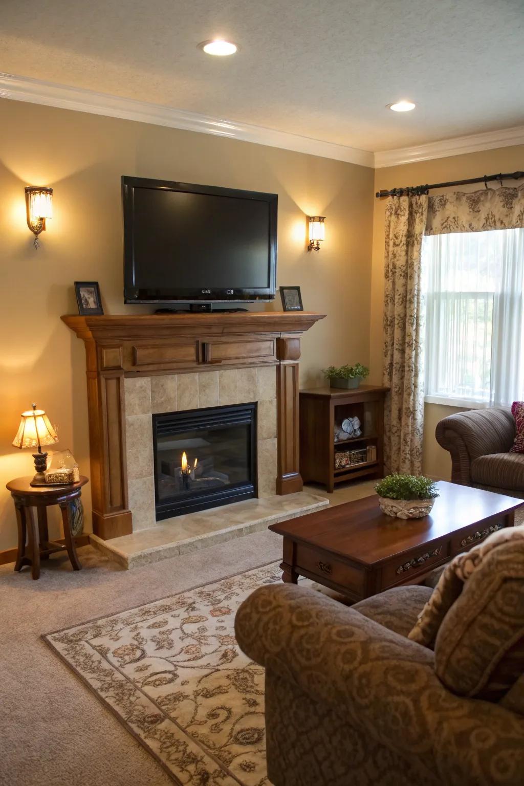 A living room with a sleek TV setup above the fireplace.