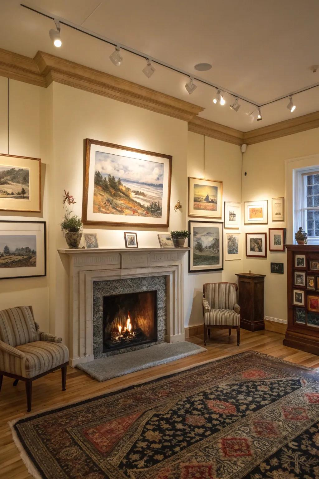 A gallery-like lounge featuring a central fireplace bordered by exquisite artwork.