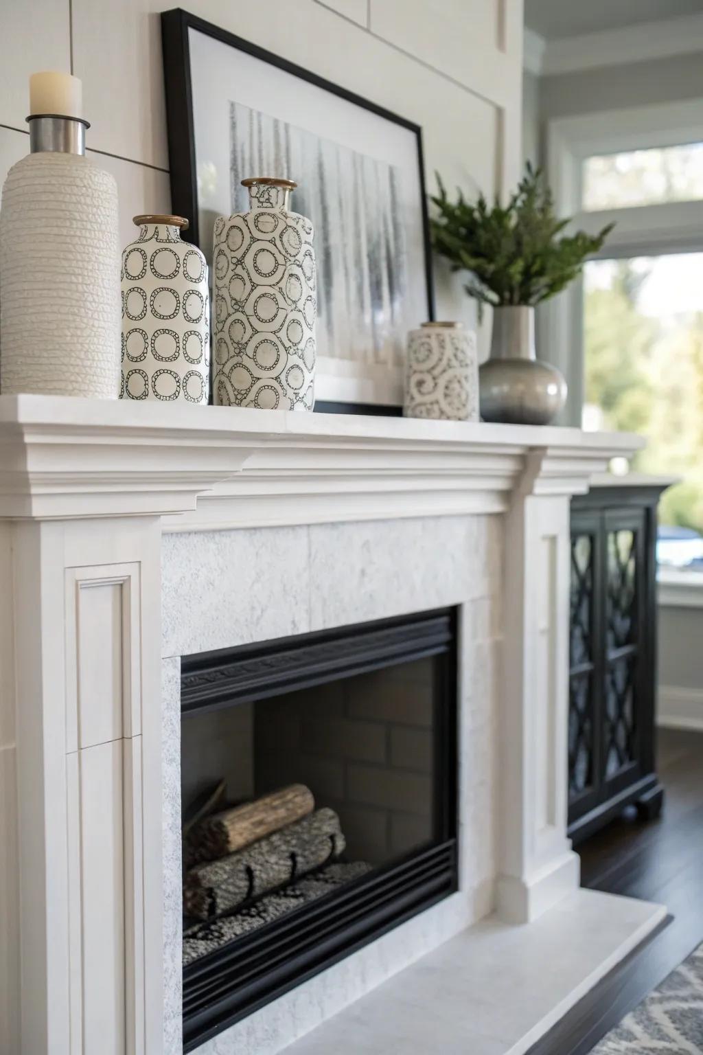 A modern minimalist mantel with sleek and stylish decor elements.