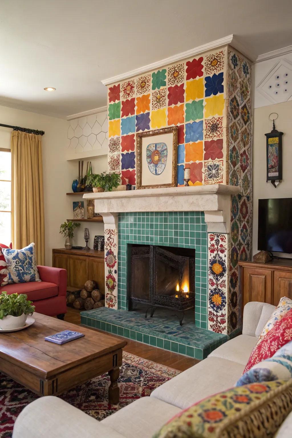 Multicolored stone pieces inject character and vibrancy into your fireplace.
