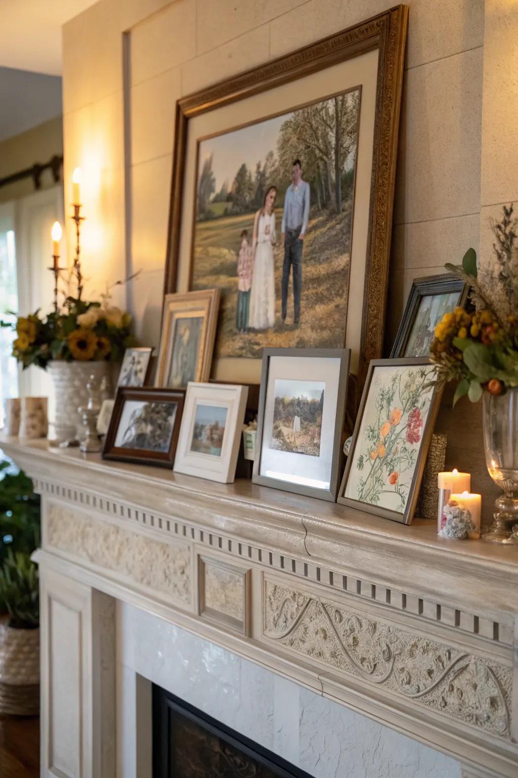 The mantel's artistic arrangement brings a personal touch to the fireplace.