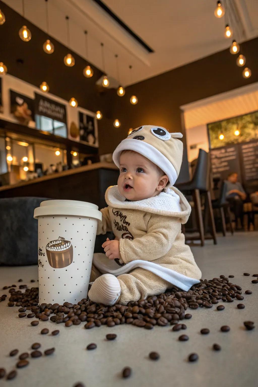 A cozy coffee mug costume for parents who love their brew.