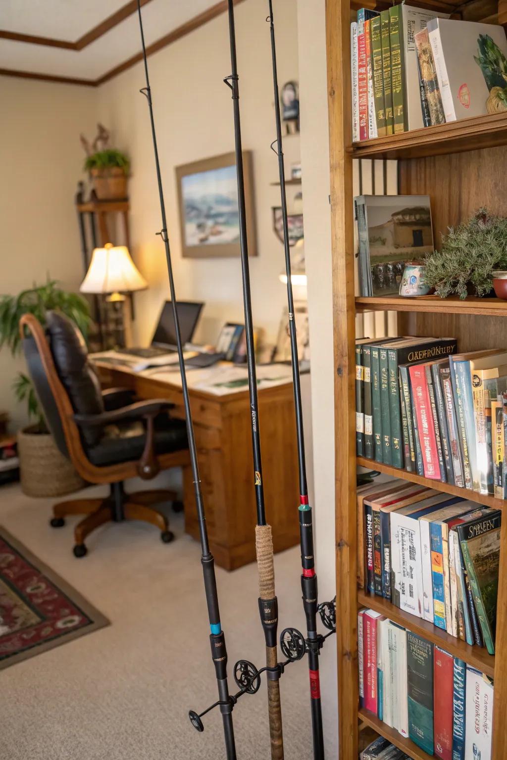 Angling poles offer unconventional support for chic bookshelves.