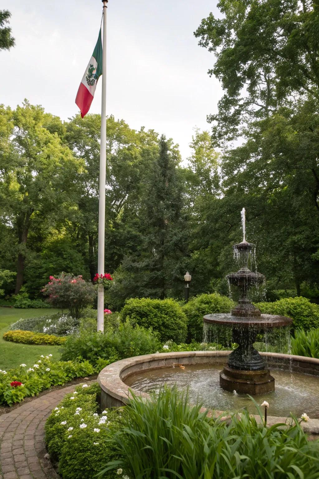 A water feature adds a serene element to a freedom pole landscape.