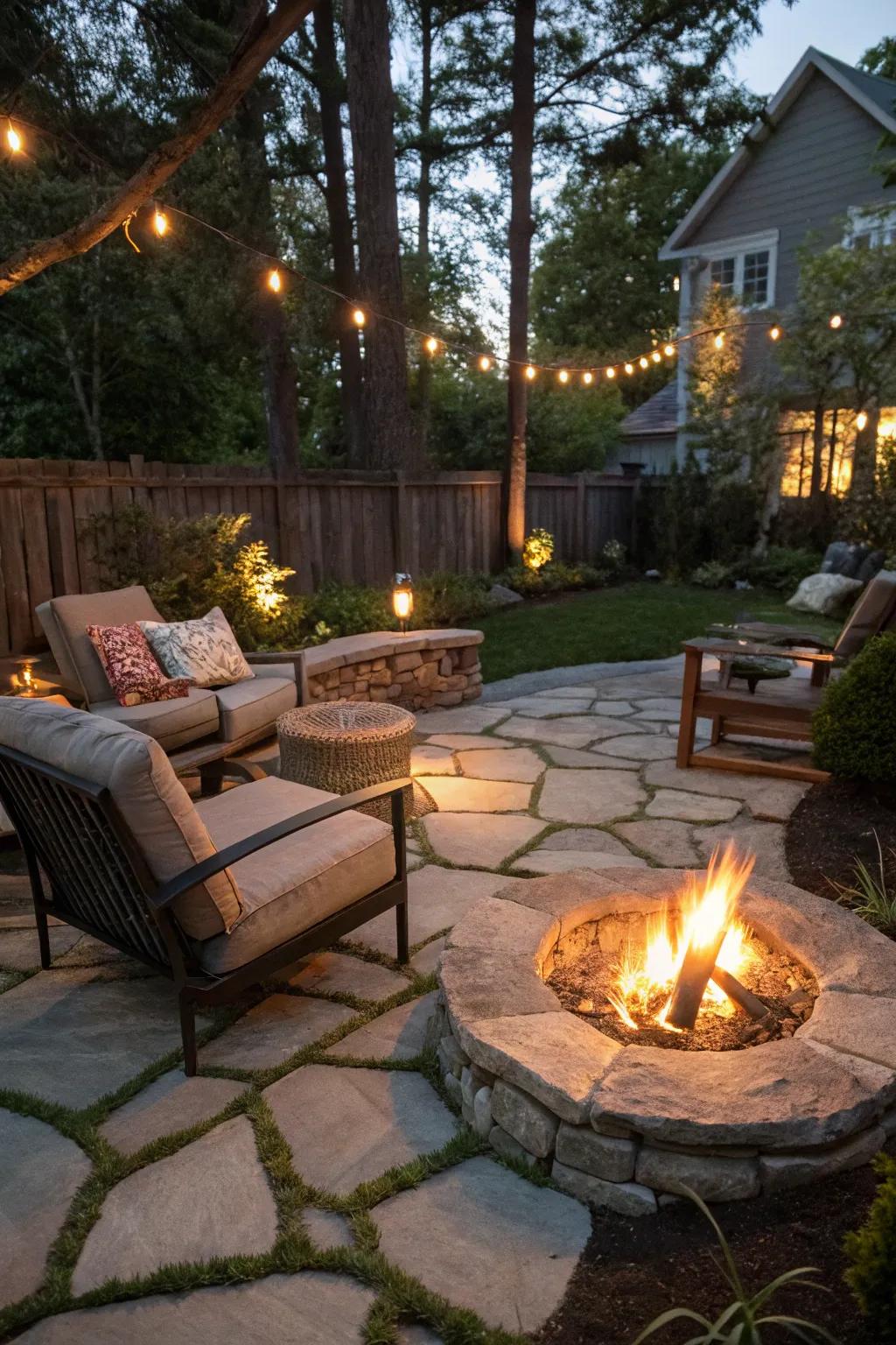 A flagstone fire pit area ready for evening relaxation.