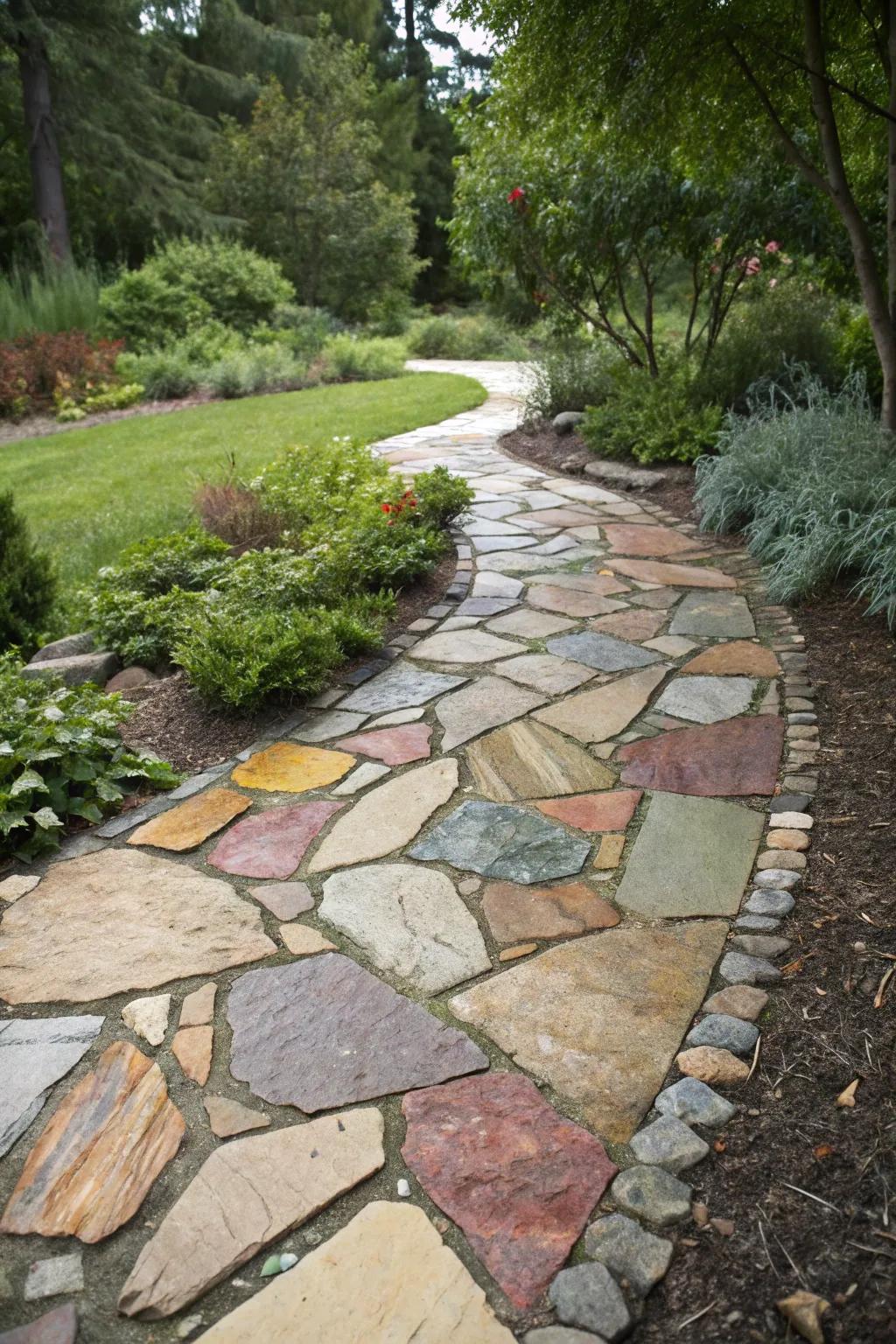 An artistic sandstone pathway displaying a sumptuous array of hues and dimensions.