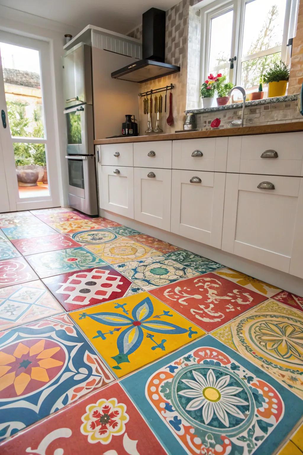 Vibrant squares bring energy and vibrancy to cooking space floors.