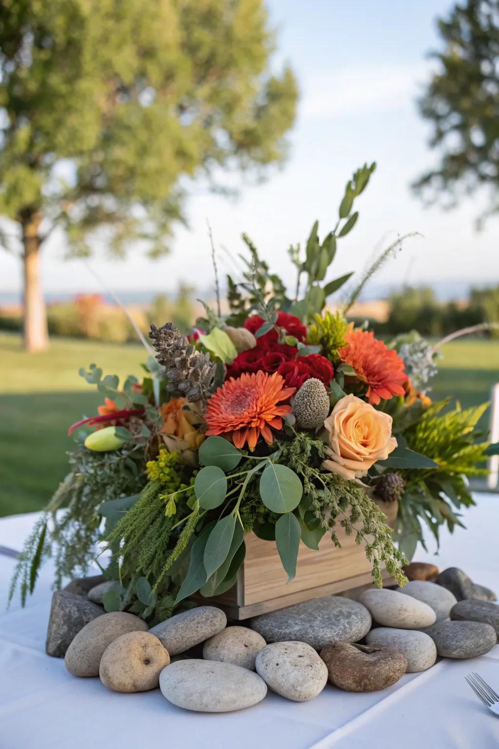 An outdoor-inspired floral centerpiece featuring foliage and stones on a table.