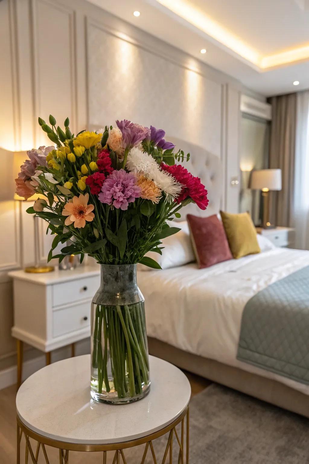 Commence your day with exuberant blooms by your bedside.