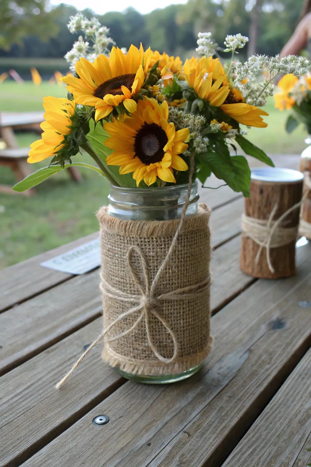 Radiate down-to-earth charm with canvas-wrapped storage jars for your floral designs.