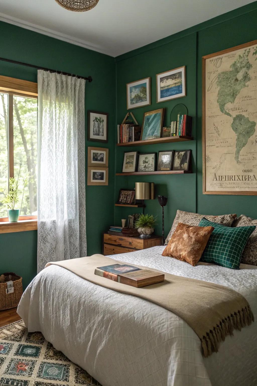 Personal touches make a forest green bedroom uniquely yours.