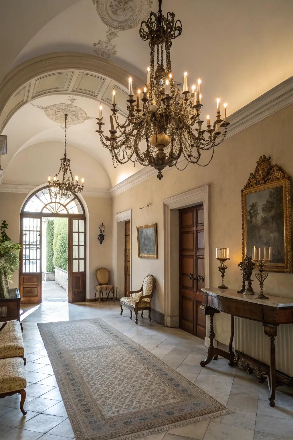 A candle-style chandelier infuses vintage charm into this classic foyer.