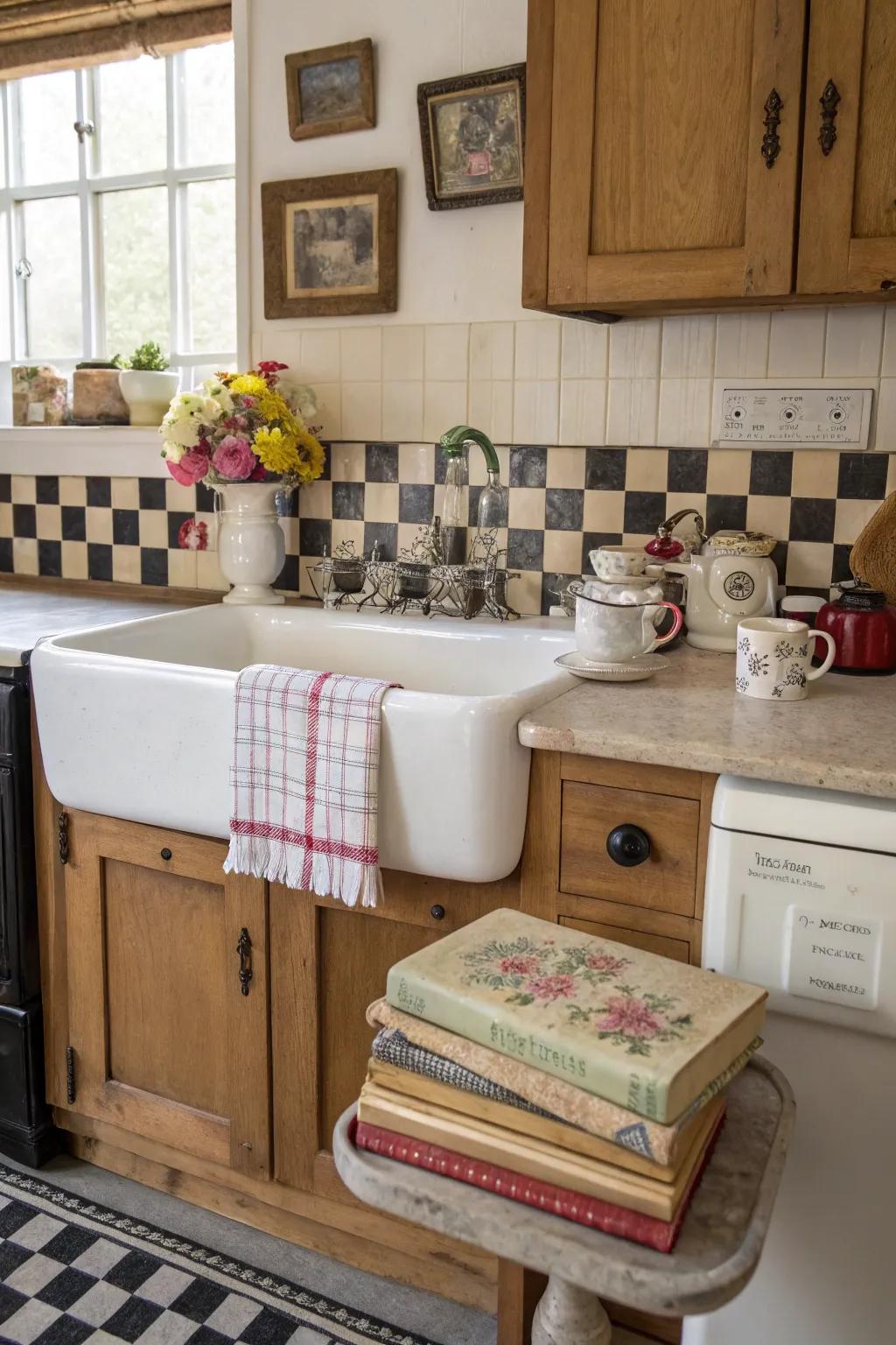 A vintage kitchen enhanced by a classic stand-alone sink.