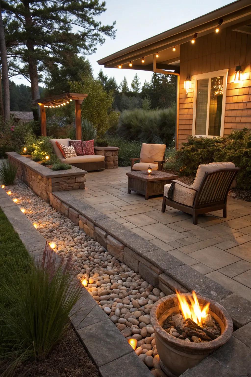 A welcoming patio with a fire pit, making the most of a French drain area.