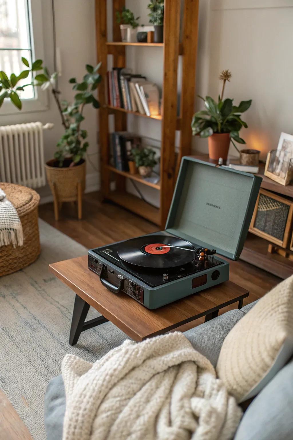 A vintage record player establishes the musical backdrop for Friendsgiving.