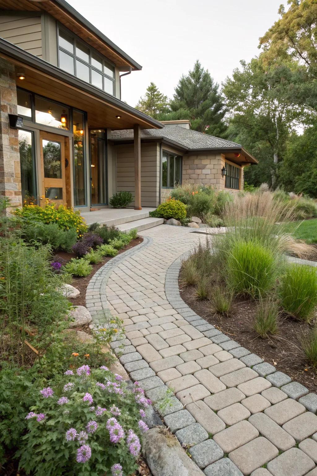 Eco-friendly porous pavers support a sustainable entrance.