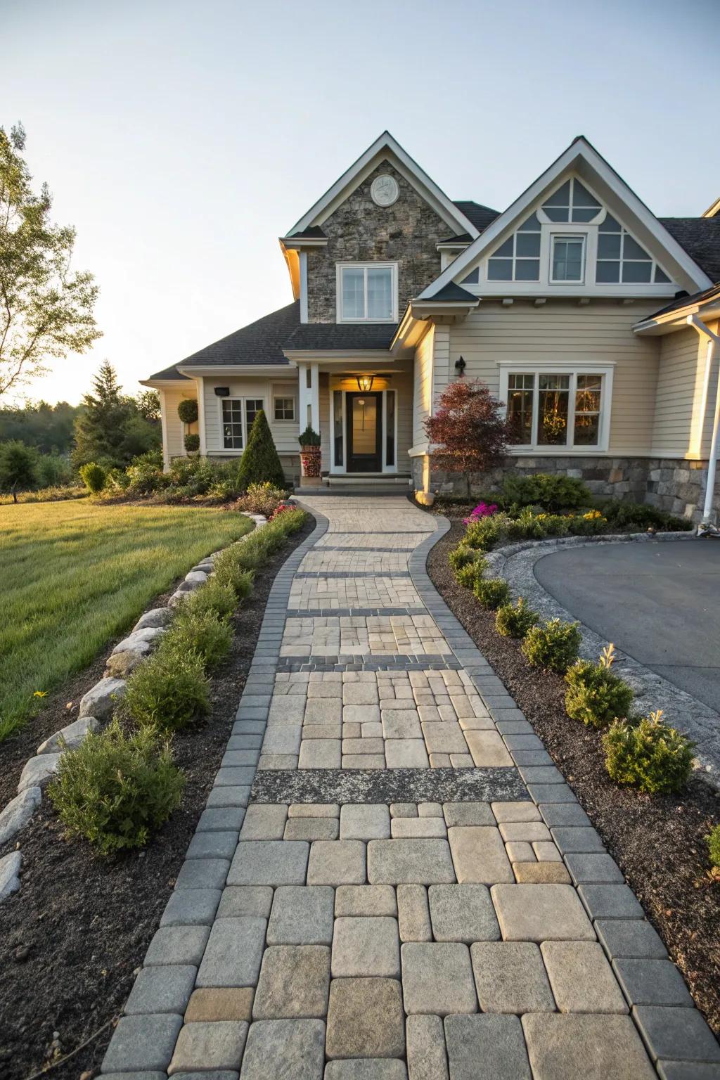 A paved walkway gives grace and function to your home’s entrance.