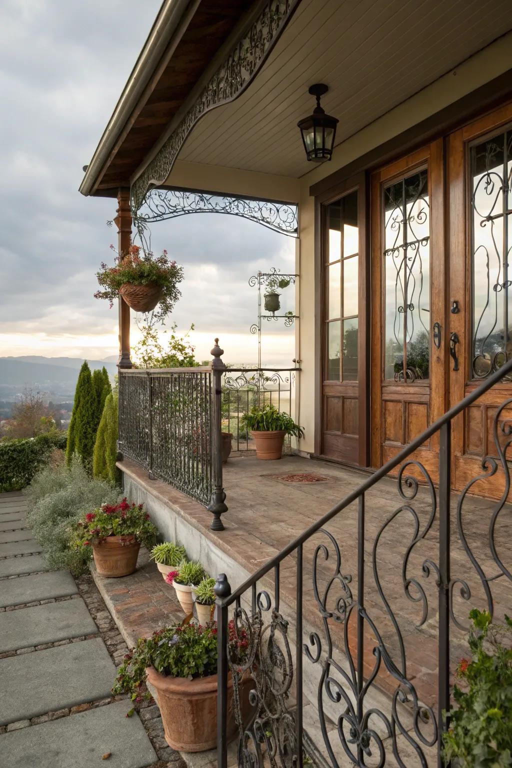 Distressed finished metal railings for an old-world charm.