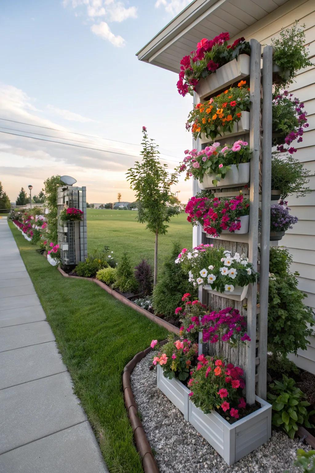 Vertical flower beds maximize space while introducing an intriguing element to the garden.