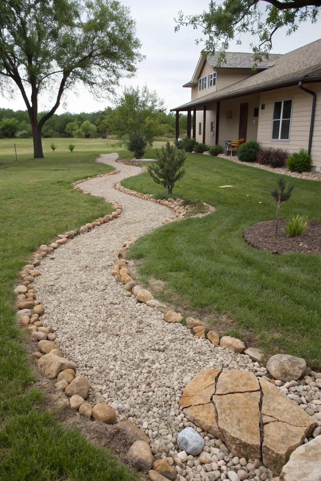 A dry stream contour introduces a natural, fluid element to the landscape.