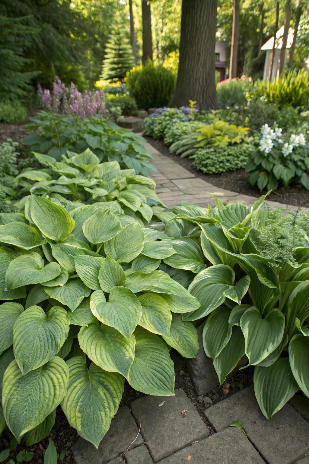 Hostas efficiently fill spaces and prevent weeds.