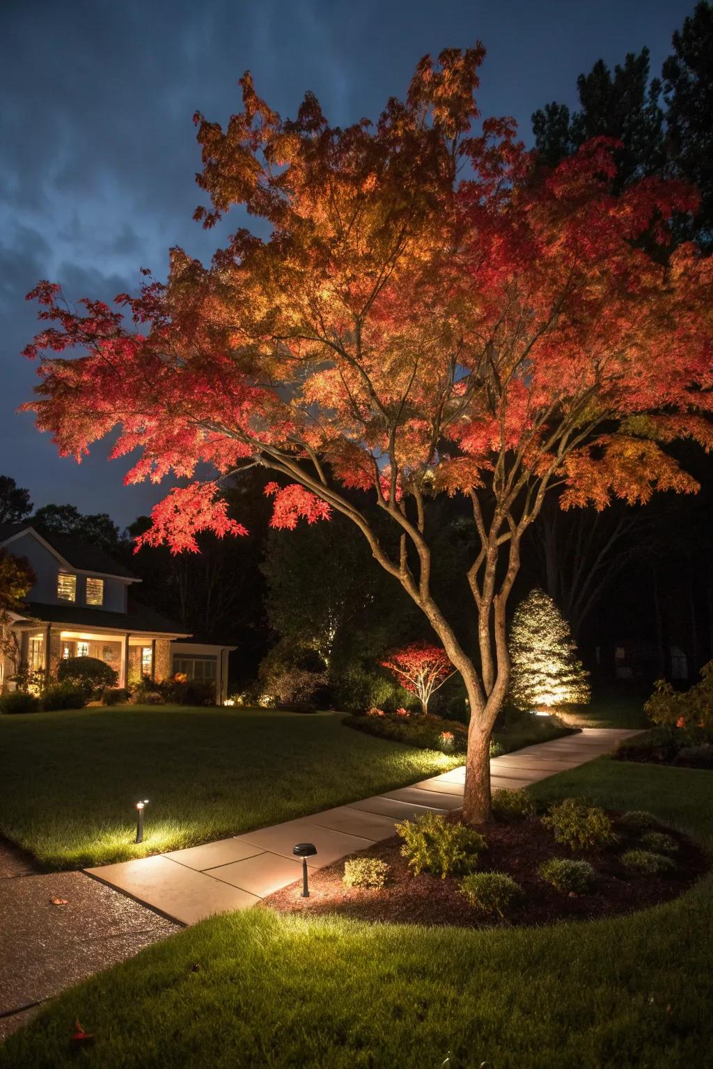 The Japanese maple's elegant form is highlighted by landscape lighting against the night sky.