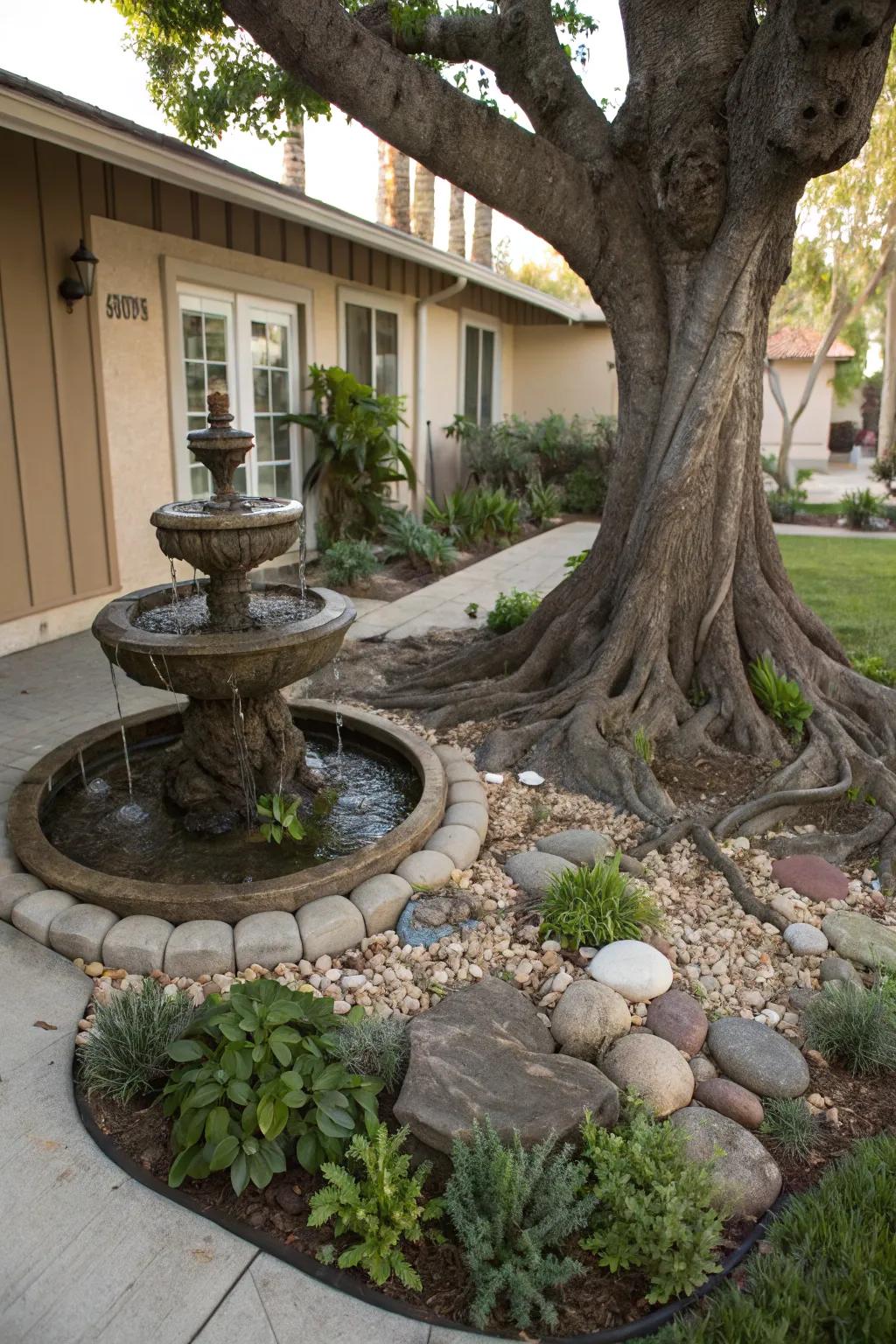 The addition of a water feature introduces serenity and refinement to the tree’s setting.
