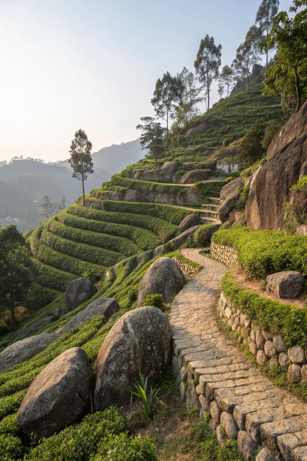 Boulders build natural terraces in a sloping yard.