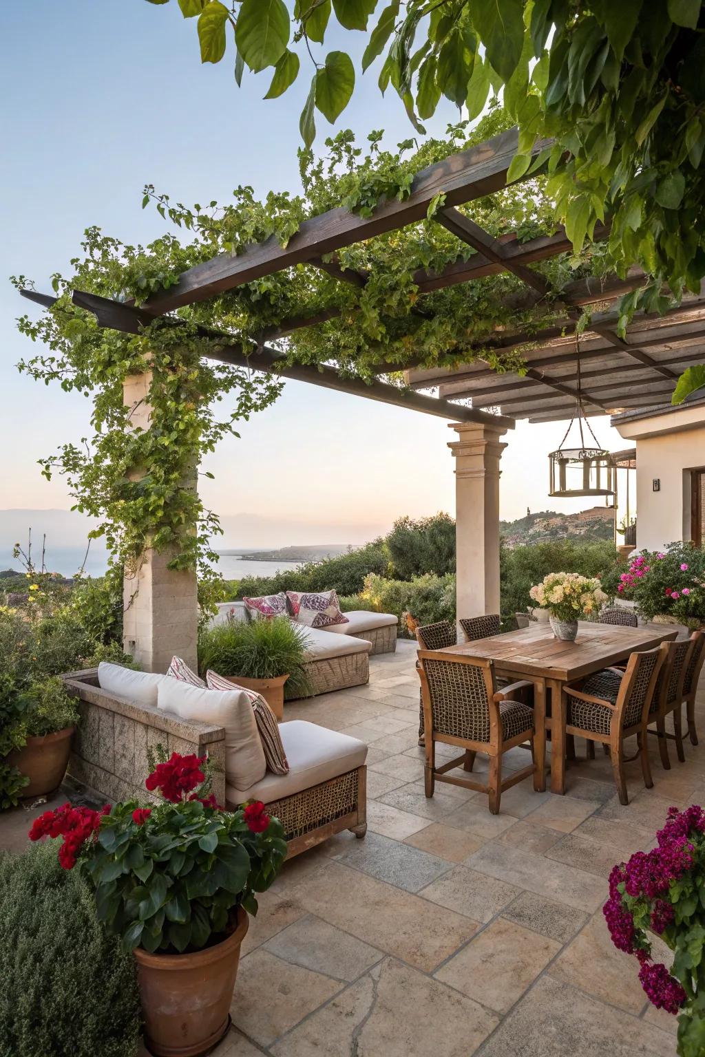 An inviting outdoor seating space encourages leisure in this Mediterranean-inspired garden.