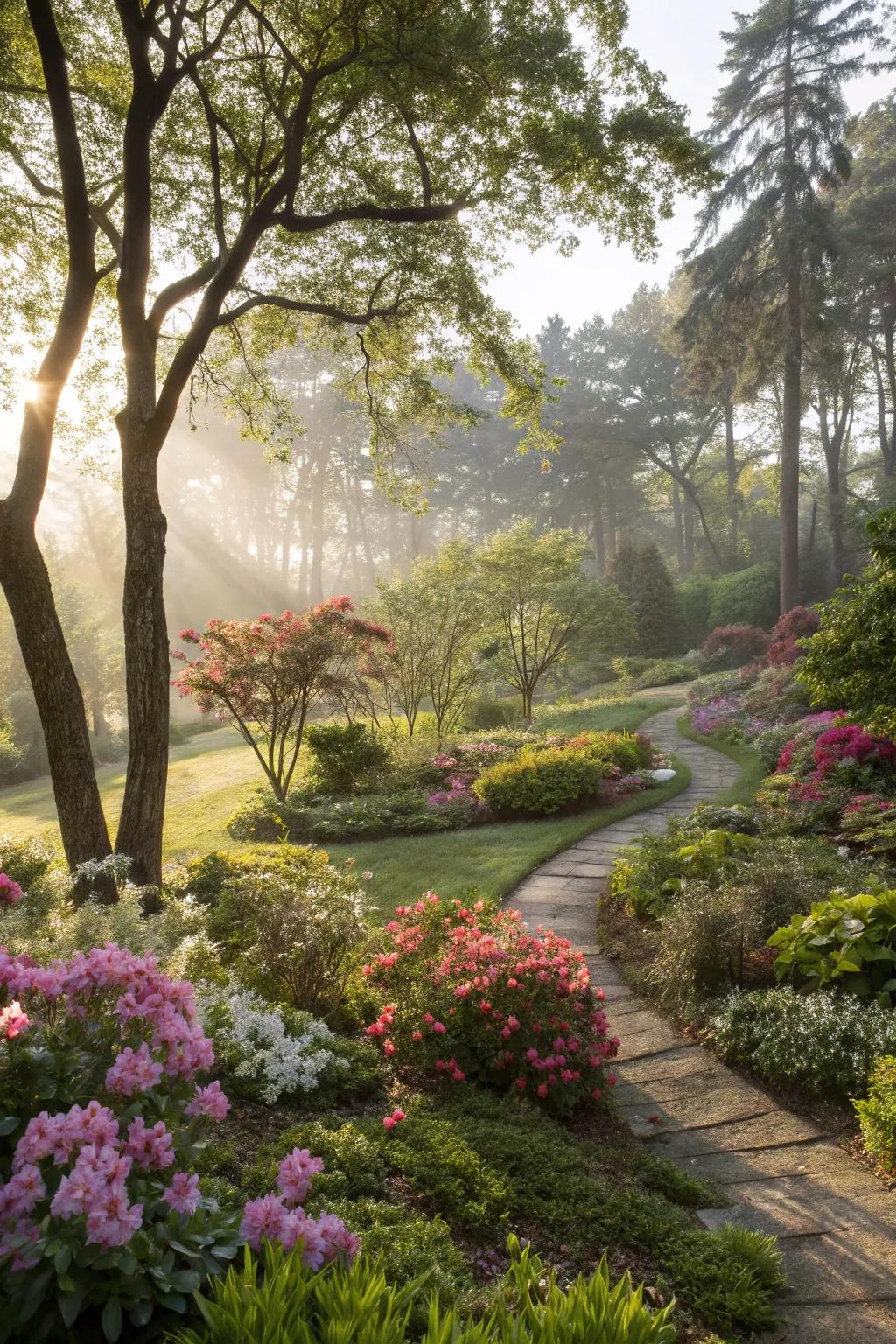 Scattered sunlight creates a dynamic interplay of shadow and lighting.