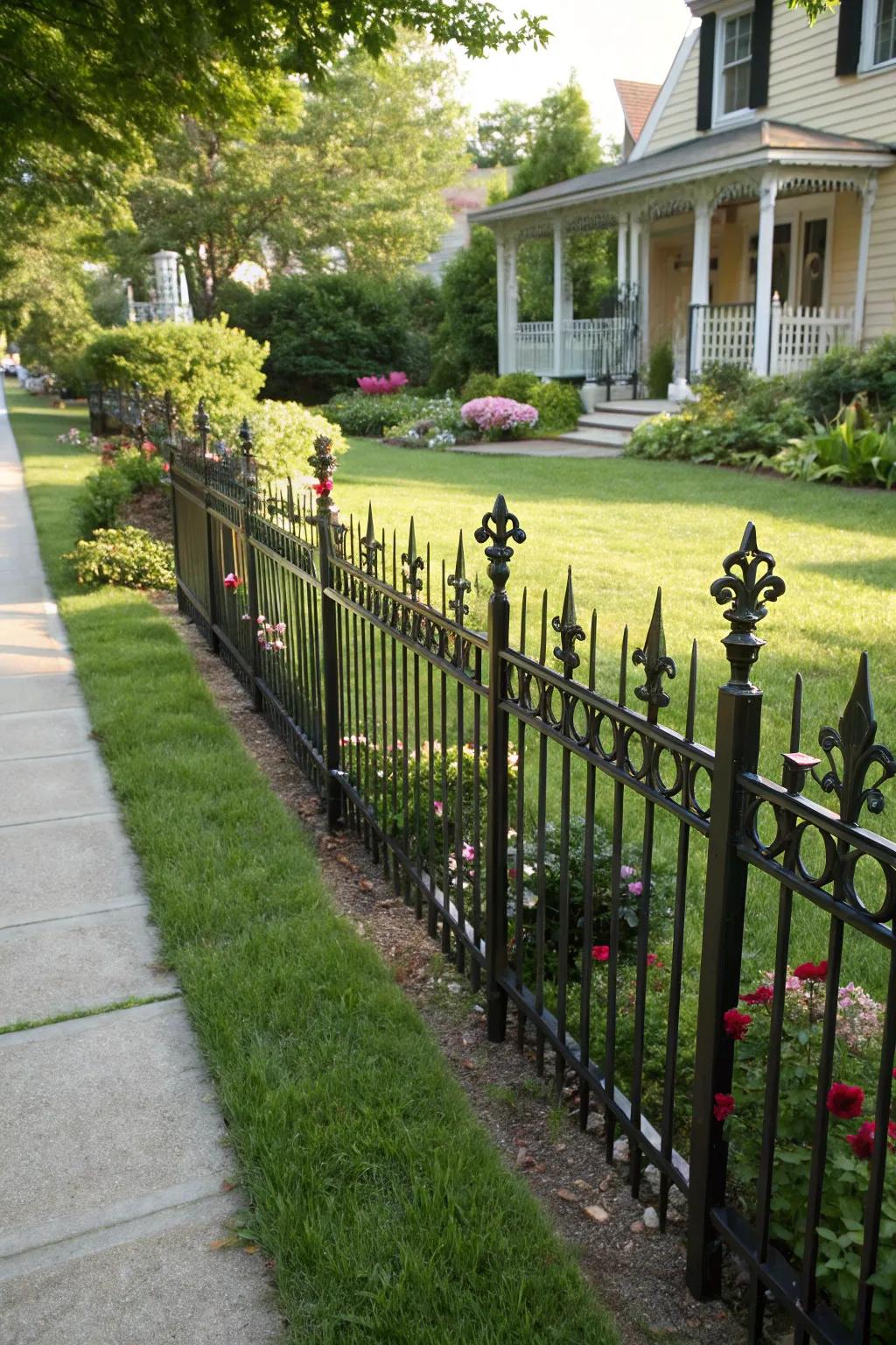 A metallic barrier with pointed design elements standing strong in a front yard.